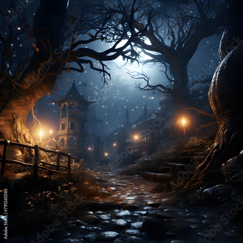 Halloween background with haunted castle  moon and trees. 3d rendering