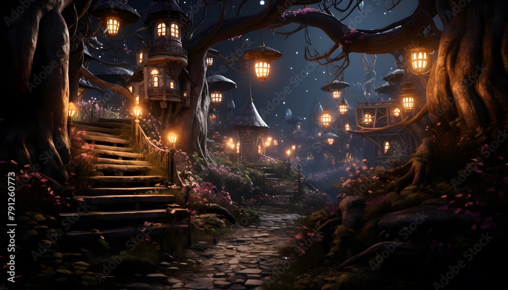 Fantasy landscape with old tree and lanterns. 3d illustration