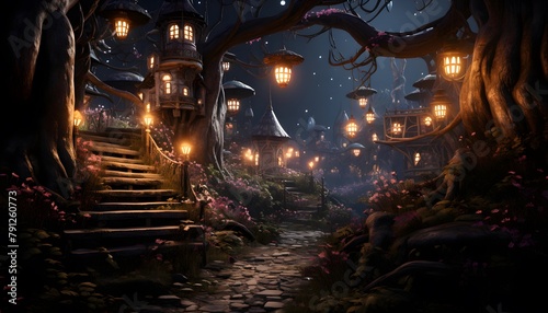 Fantasy landscape with old tree and lanterns. 3d illustration