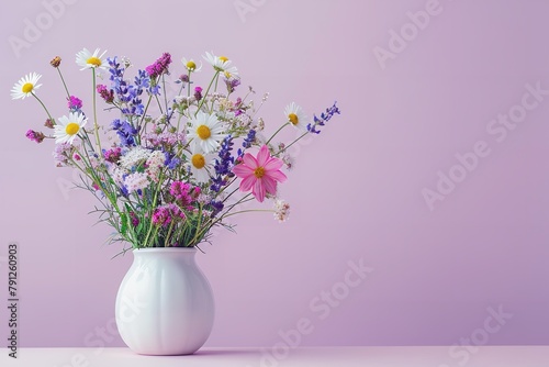 A close shot of wild flowers kept on white flower vase with a purple backdrop with a big space for text or product advertisement background  Generative AI.