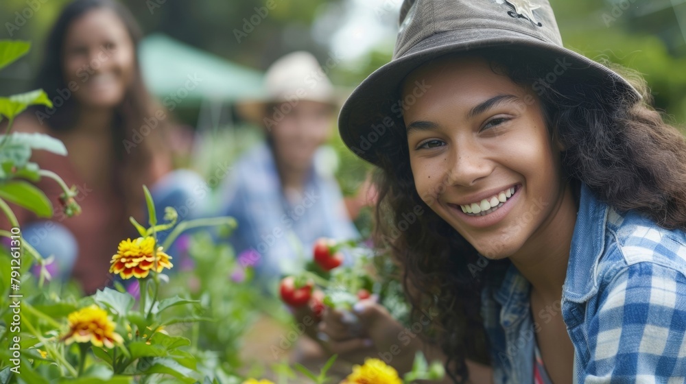 Fototapeta premium Closeup of a group of young adults in a community garden smiling as they work together to plant flowers and vegetables. .