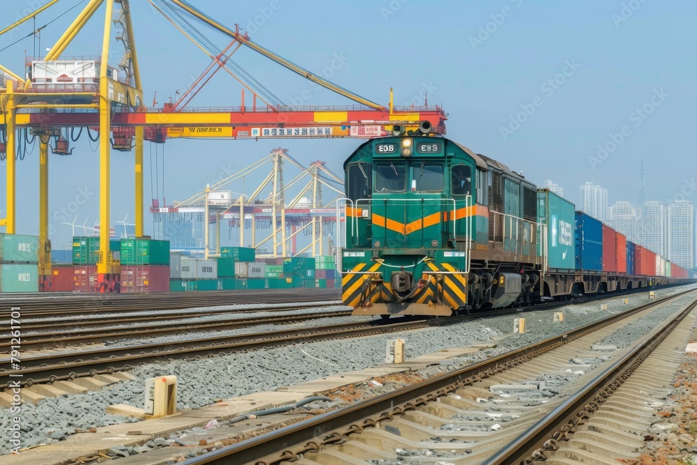 A logistic train passing by a cargo terminal where containers are loaded and unloaded A logistic train passing by a cargo terminal where containers are loaded and unloaded
