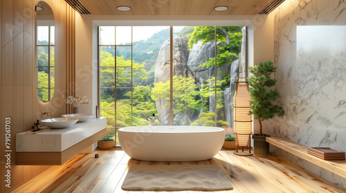 Bright Japanese-style bathroom with a large window  marble walls and wooden floors.