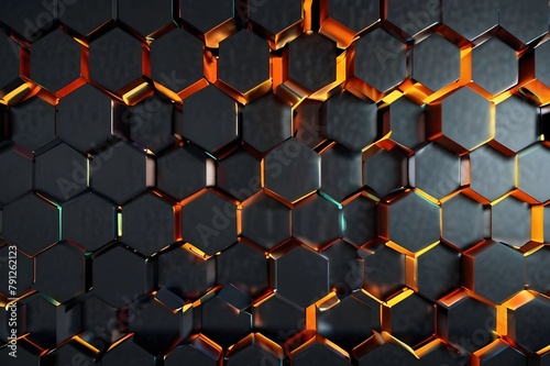 Abstract hexagonal geometric ultra wide background. Structure of lots of hexagons of carbon fiber with bright energy light breaking through the cracks. 3d renderingl Generator AI 