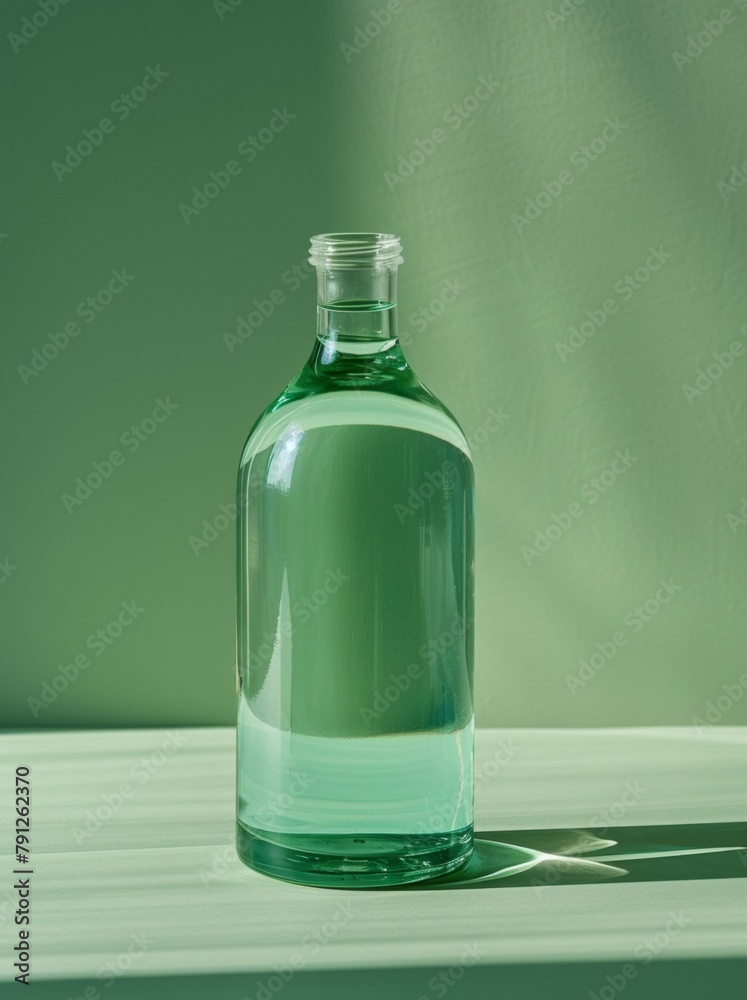 Minimalistic Green Glass Bottle on Pale Surface in Soft Daylight Minimalistic Green Glass Bottle on Pale Surface in Soft Daylight