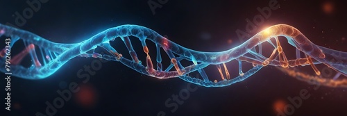 human dna structure with glass helix destroyed, deoxyribonucleic acid on sun and orange clouds background, nucleic acid molecules, change, break in chemical structure, sunlight damage, 3d rendering photo