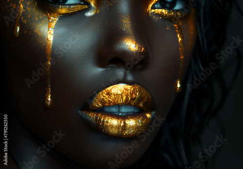 Black woman with golden lips dripping liquid gold