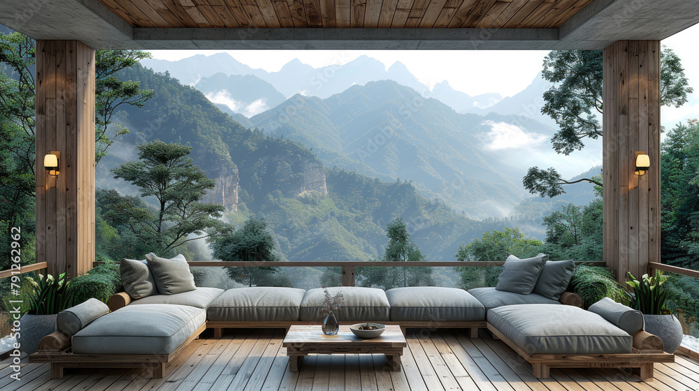 Fototapeta premium Interior design - wooden terrace with the sofa in the mountains