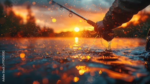 A man is fishing in a lake at sunset photo