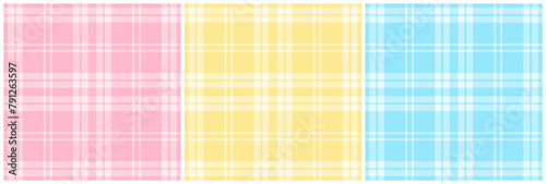 Pink, yellow and light blue tartan plaid pattern set. Classic Scottish seamless check pattern for plaid fabric, flannel shirt, blanket, clothes, skirt, tablecloth, textile.