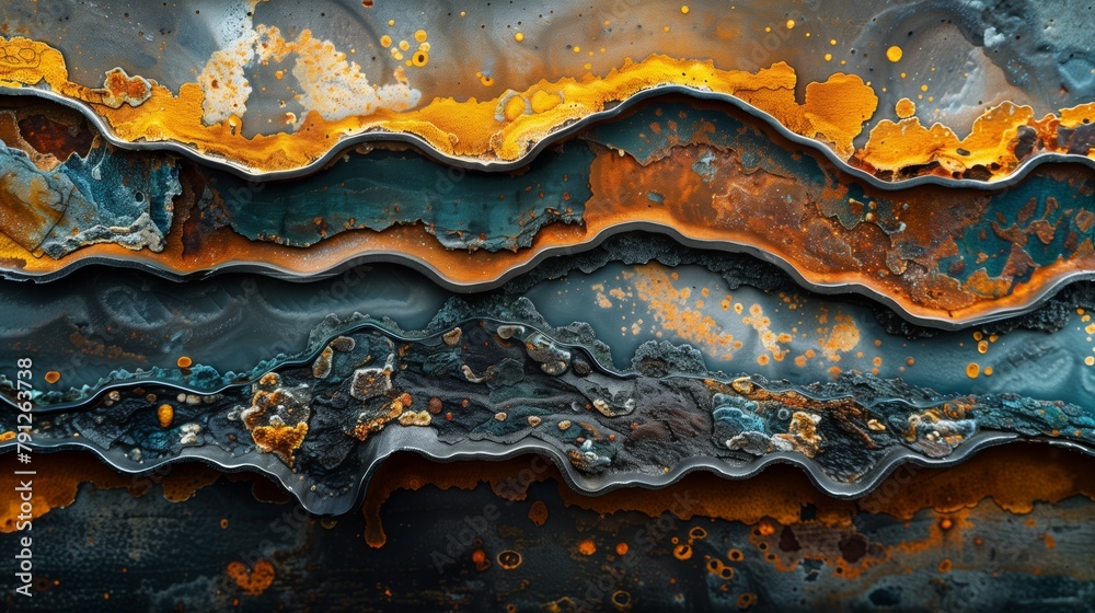 Abstract Layers of Rust on Wavy Metal. Wavy metal layers covered in rust and corrosion, creating an abstract and textural landscape of decay.