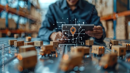 A man is looking at a tablet with a map of a warehouse on it