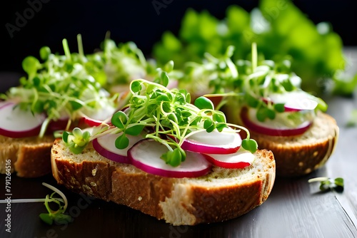  Fresh alfalfa and radish sprouts on wooden spoon, perfect for adding to sandwiches.