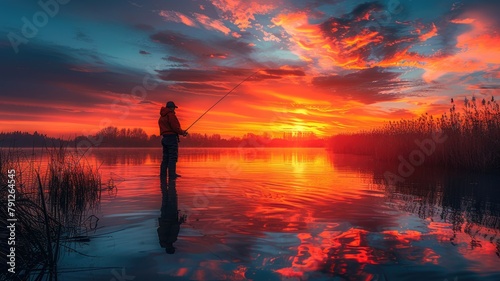 A man is fishing in a lake at sunset