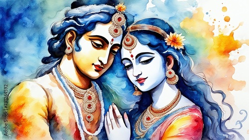 Watercolor-style image of Radha and Krishna, showcasing artistic finesse. Ideal for spiritual and cultural themes, enhancing the divine aura in design projects. photo