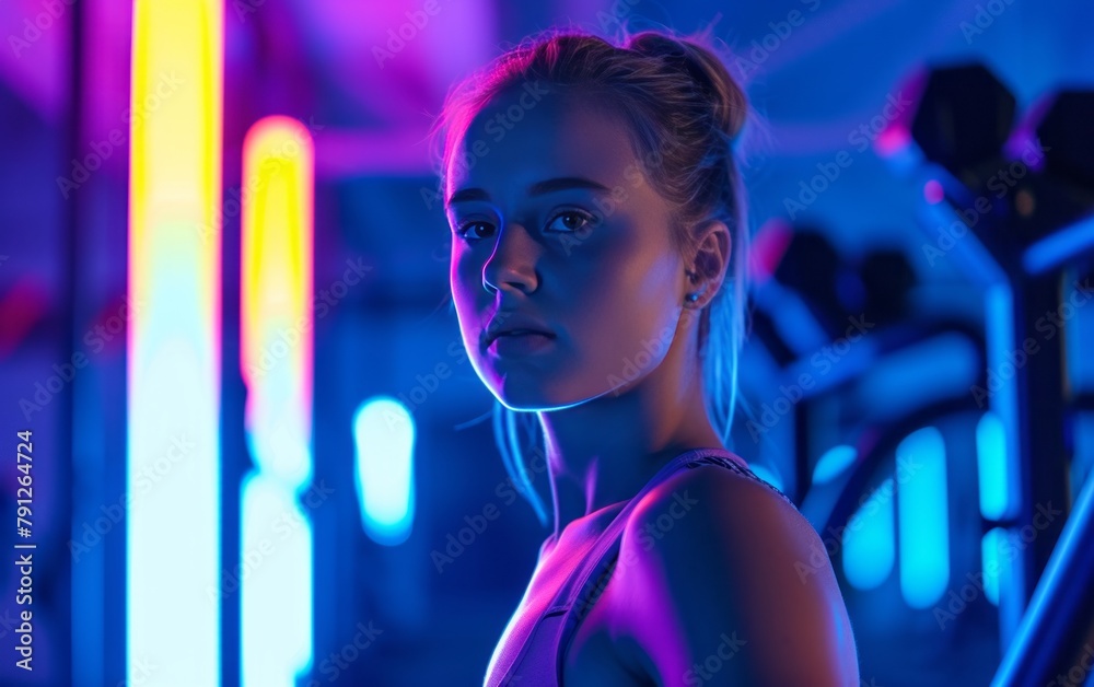 Shoulder length portrait of a young attractive brunette dressed in sportswear illuminated by soft pink light. Beautiful confident slim female fitness model in top and leggings posing in gym. Shoulder length portrait of a young attractive brunette dressed in sportswear illuminated by soft pink light. Beautiful confident slim female fitness model in top and leggings posing in gym.