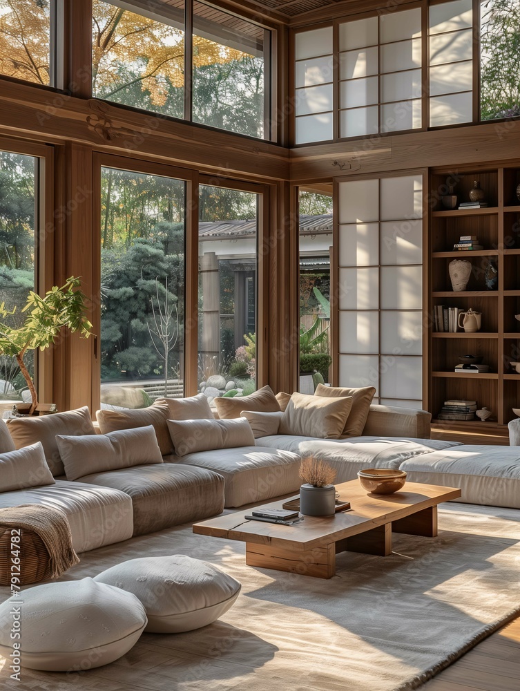 Modern Living Room Interior with Large Windows and Nature View