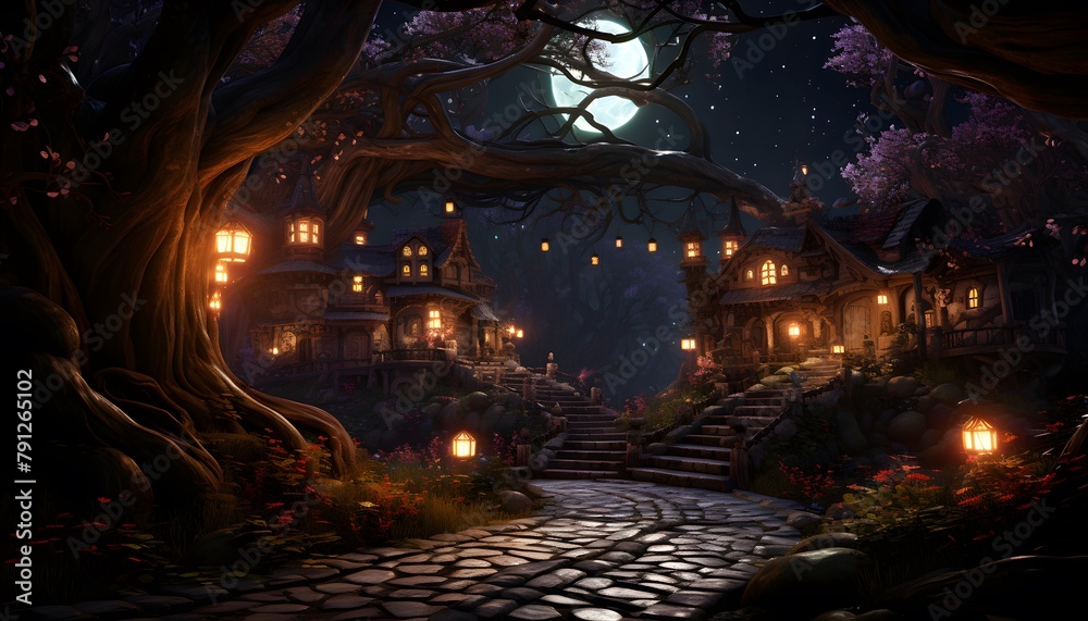 Halloween night with full moon and lighted trees, 3D illustration