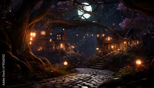 Halloween night with full moon and lighted trees  3D illustration