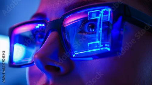 A person testing out new biohacking gadgets specifically designed for biorhythm optimization such as light therapy glasses and wearable devices. .