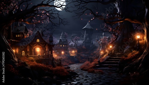 Halloween scene with haunted house and moonlight at night 3D illustration