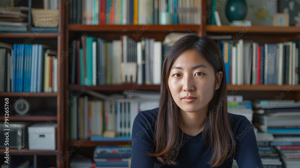 書斎で働く日本人女性 書斎で働く日本人女性