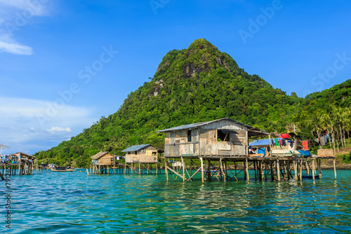 Beautiful landscapes view borneo sea gypsy water village in Bodgaya Mabul Island, Semporna Sabah, Malaysia.
