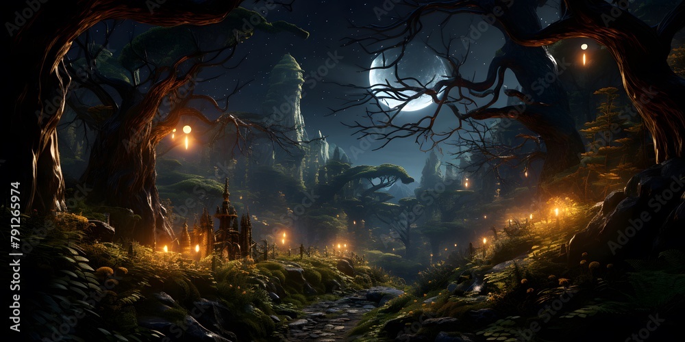 Halloween night landscape with full moon and scary trees. 3d rendering