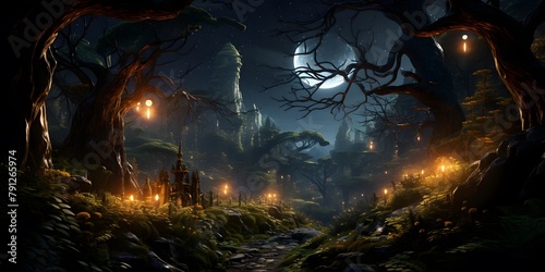 Halloween night landscape with full moon and scary trees. 3d rendering