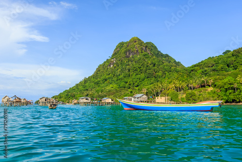 Beautiful landscapes view borneo sea gypsy water village in Bodgaya Mabul Island, Semporna Sabah, Malaysia. photo