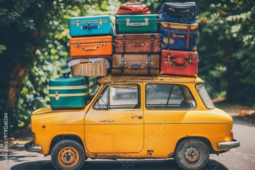 A car full of suitcases and bags to go on summer vacation, Road trip summer vacation photo