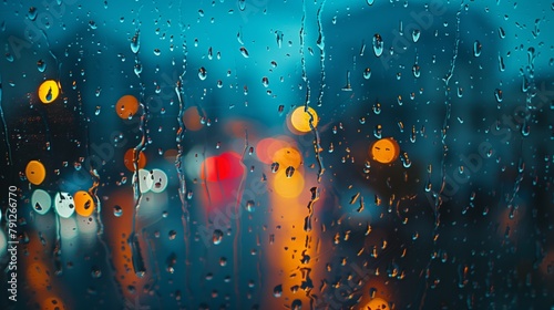 Raindrops on Glass with City Lights Bokeh. Close-up of raindrops on a window against a backdrop of city lights creating a colorful bokeh effect, symbolizing urban rainfall.