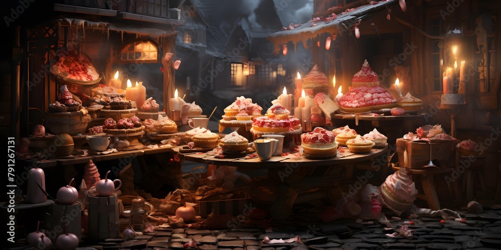 Bowls of cakes and pastries on a table in a restaurant