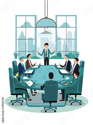 Graphic Representation of a Team of a Manager Giving a Presentation to a Board of Directors in a Formal Boardroom, Vector Illustartion Style