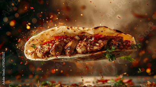 A tantalizing Arabic chicken shawarma, freshly grilled to perfection, topped with vibrant herbs and spices, hovering in mid-air, beckoning hungry onlookers