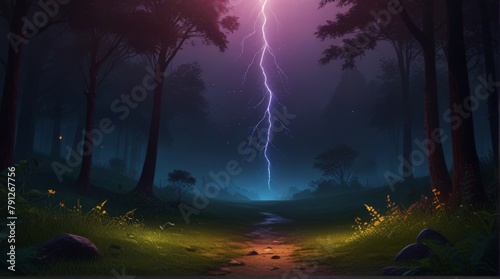 illustration of lightning in the middle of the forest background © sanstudio