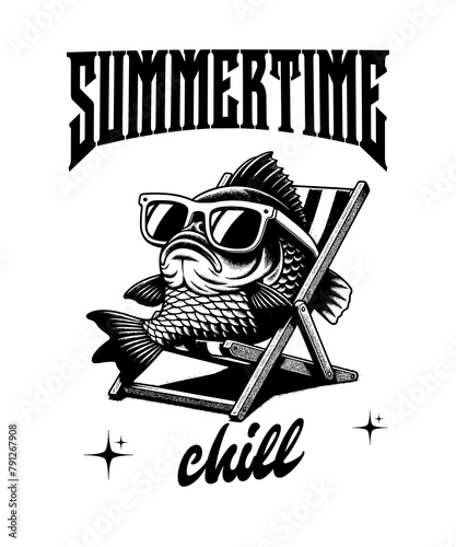 bash fish enjoying chill in beach sit on beach chair wearing sunglasses vector illustration
