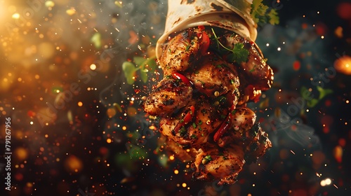 A tantalizing Arabic chicken shawarma, freshly grilled to perfection, topped with vibrant herbs and spices, hovering in mid-air, beckoning hungry onlookers photo