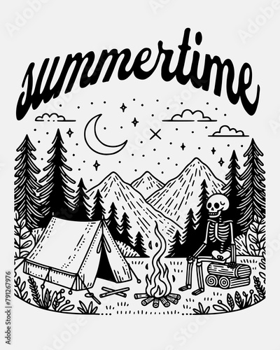 summertime skeleton camp in wilderness with bon fire vector illustration