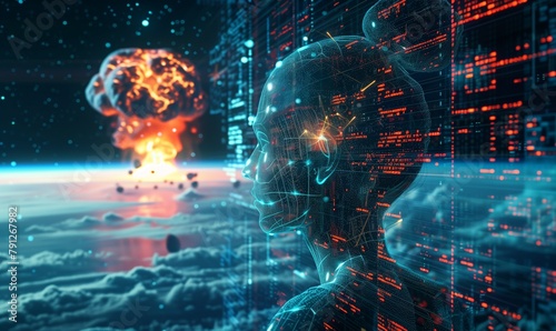 Explosion of data and code under AI control behind it on Earth's surface. A nuclear bomb mushroom fills half the sky. Digital War concept