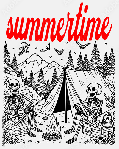 summertime skeleton camp in wilderness with bon fire vector illustration
