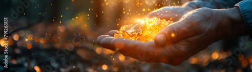 Celebratory moment as a businessman finds a gold nugget, success and discovery theme