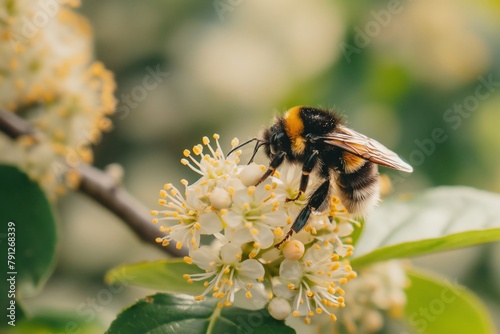 A bumble bee pollinating a flower. 