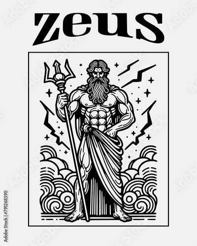 zeus god of thunder with weapon in hand t-shirt design vector illustration