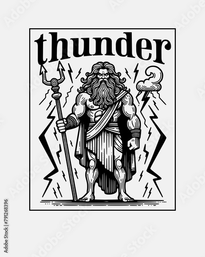 zeus god of thunder with weapon in hand t-shirt design vector illustration