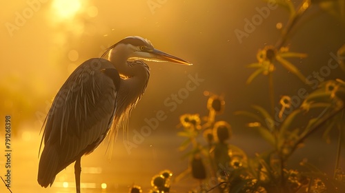 Beautiful close-up of a great blue heron in hazy sunlight