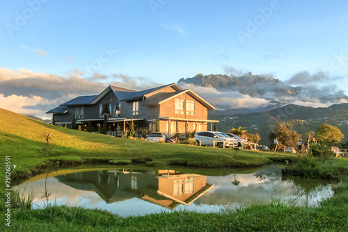 Panorama at morning with mount Kinabalu at far background.