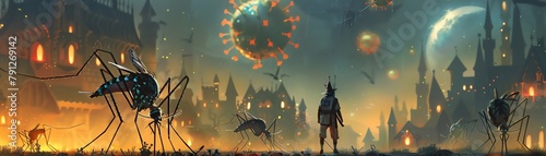 Arboviruses depicted at a magical tournament, where competitors must avoid enchanted mosquitoes in one of the perilous games photo