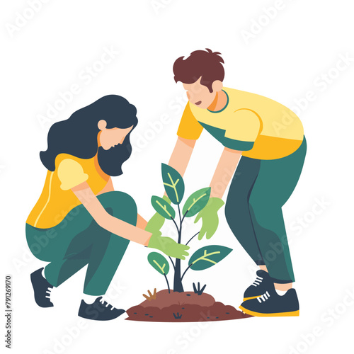 Two people are seen engaged in the act of planting a sapling