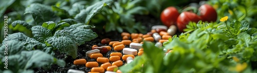 Edible gardens showcasing chewable vitamins in pill form that are grown alongside actual food crops, blending garden aesthetics with health benefits photo